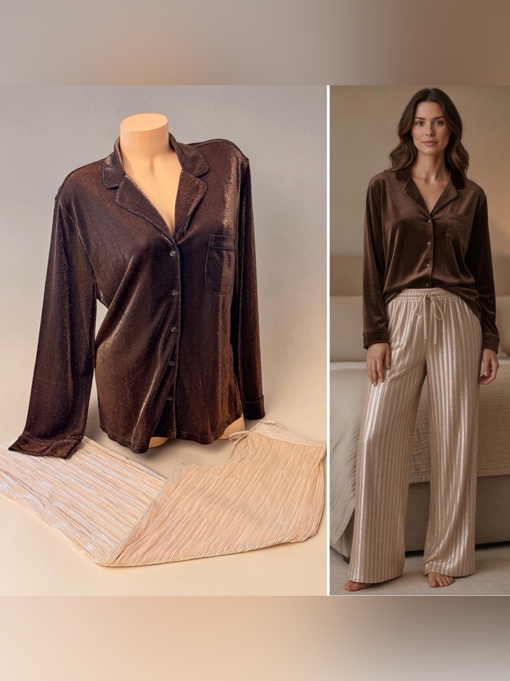 Victoria's Secret Pajama Shimmer Knit Top & Gold Pleat Lounge Pants Medium